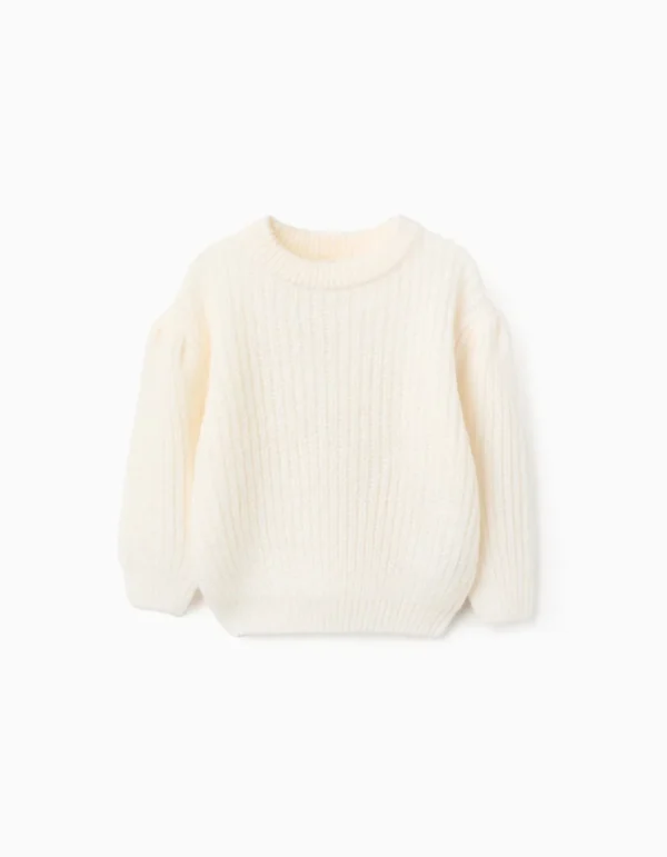 Jersey de Punto Grueso con Hombros Caídos para Niña, Beige Claro