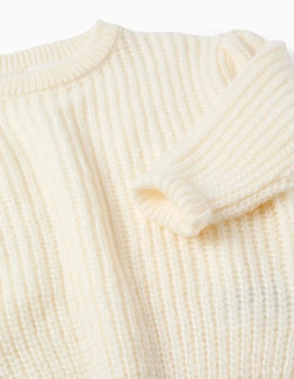 Jersey de Punto Grueso con Hombros Caídos para Niña, Beige Claro