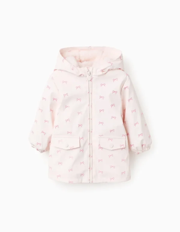 Parka de Goma con Capucha y Pelo para Bebé Niña 'Lazos', Rosa