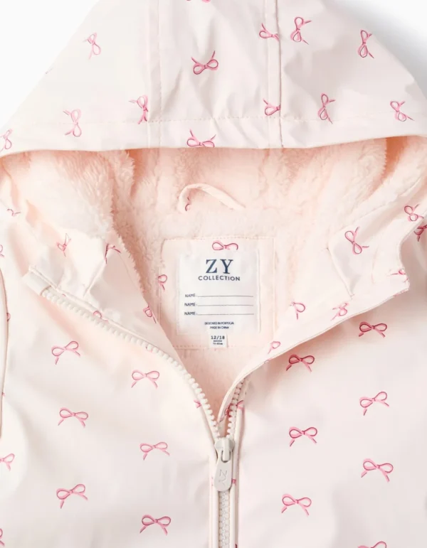 Parka de Goma con Capucha y Pelo para Bebé Niña 'Lazos', Rosa