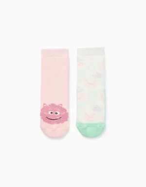Lote de 2 Pares de Calcetines Antideslizantes para Niña 'Monsters', Rosa/Blanco